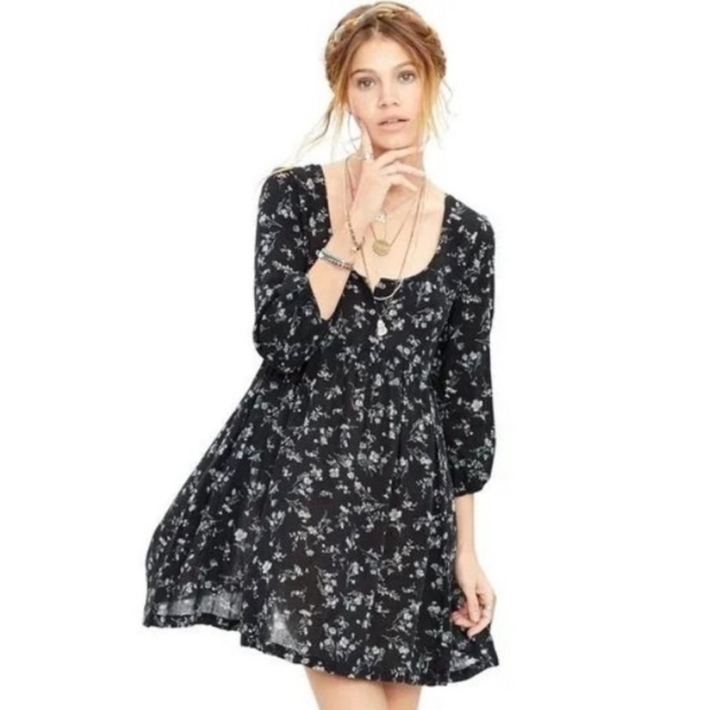 🌟DENIM & SUPPLY 🌟 RALPH LAUREN FLORAL PRINT BABYDOLL MINI DRESS BLACK SZ XS
